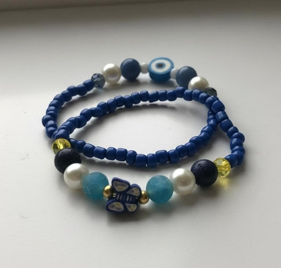 Handmade 2-Piece Blue Beaded Bracelet Set with Pearl-Style, Evil Eye & Butterfly Accents – Gift Jewelry, Boho Fashion Style