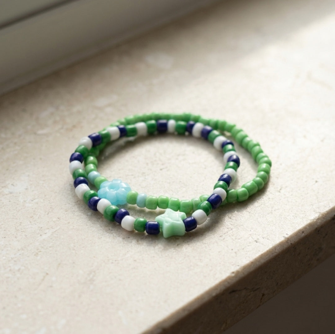 Handmade 2-Piece Colorful Beaded Bracelet Set Green White Blue with Star & Flower Accent Friendship Gift