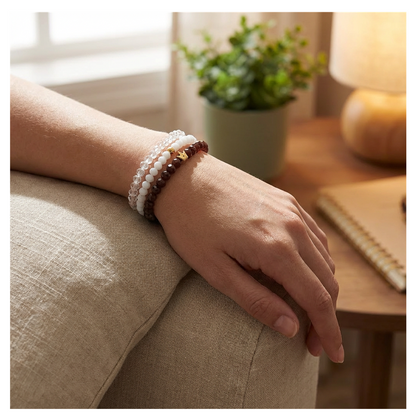 Handmade with Love Dark Brown, White, Clear Beaded Bracelet Set, Earthy Sparkle Stack