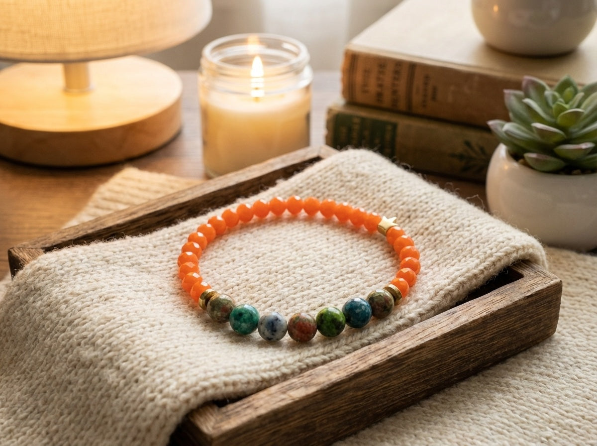Multicolored beaded bracelet on a wooden tray with a candle and plant in the background