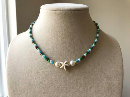 Sirenka Handmade - Starfish Beaded Necklace, Earth Tone Seed Bead Choker, Coastal Boho Jewelry with Faux Pearls