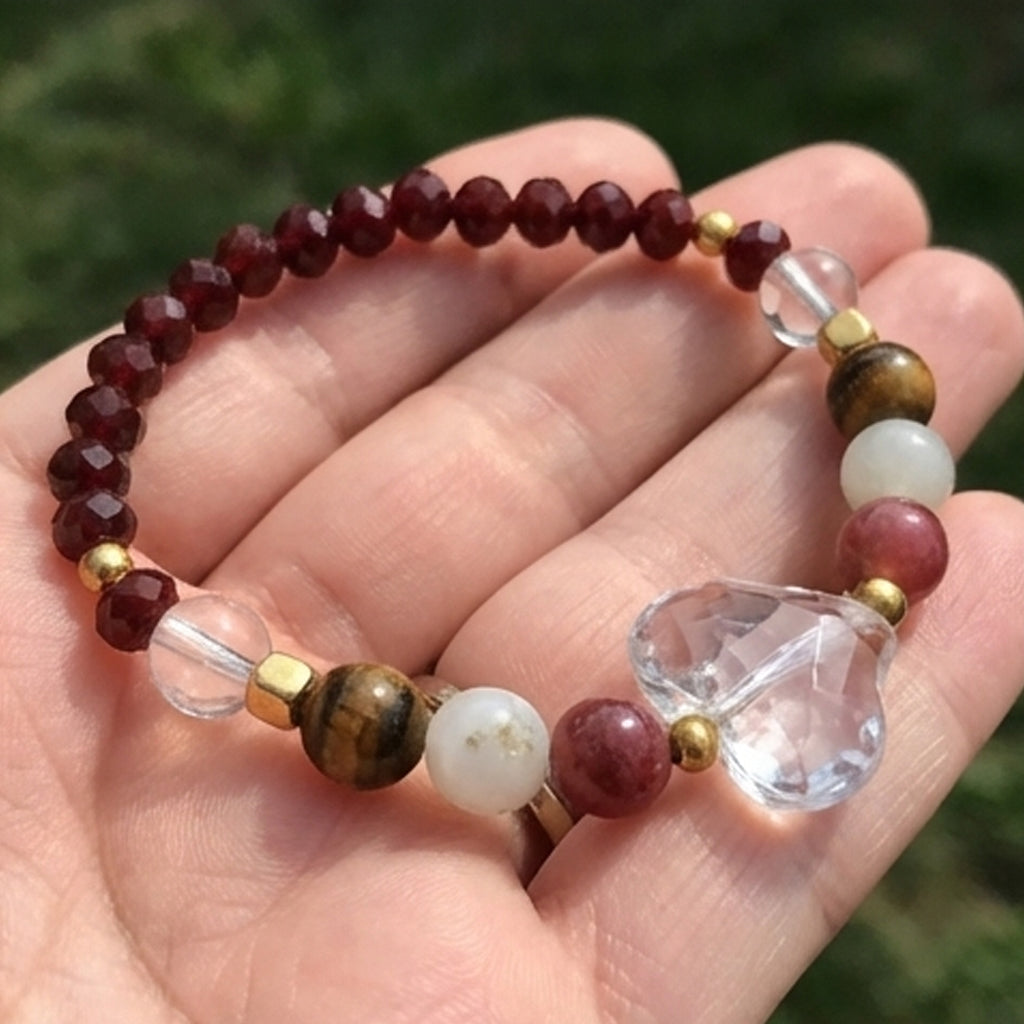 Beaded bracelet with various colored beads held in a hand against a blurred green background