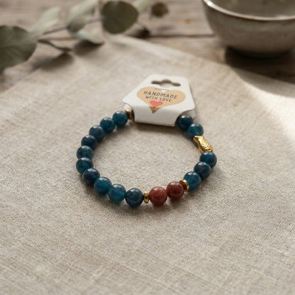 Handmade Teal Jade Beaded Bracelet, Gold Fish Charm, Ocean Boho Jewelry