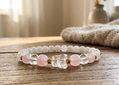 Handmade Bracelet – Pink & White Beads, Faceted Crystal-Style Butterfly Charm, Gold-Tone Accents, Elegant Gift Jewelry
