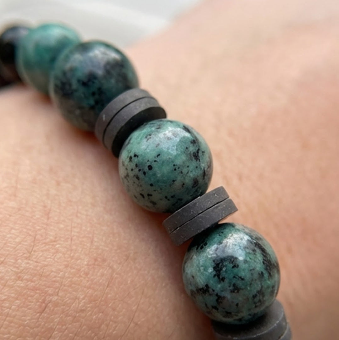 Handmade Boho Bracelet - Greenish-Gray Speckled K2-Style Beads with Dark Spacer Accents & Gray Heishi
