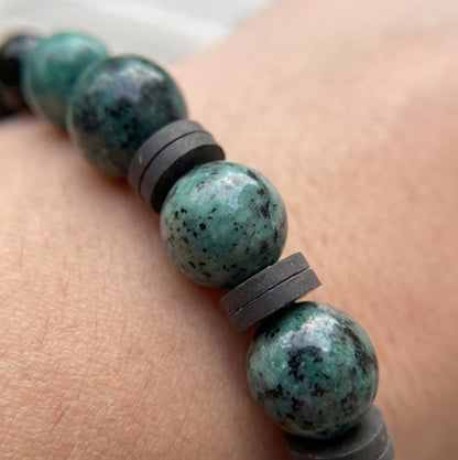 Handmade Boho Bracelet - Greenish-Gray Speckled K2-Style Beads with Dark Spacer Accents & Gray Heishi