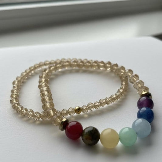 Multicolored beaded bracelet on a white surface