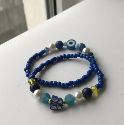 Handmade 2-Piece Blue Beaded Bracelet Set with Pearl-Style, Evil Eye & Butterfly Accents – Gift Jewelry, Boho Fashion Style