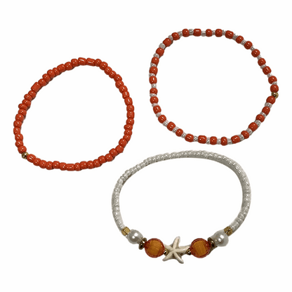 Handmade Orange White Beaded Bracelet Set, Starfish Charm, Boho Ocean Jewelry