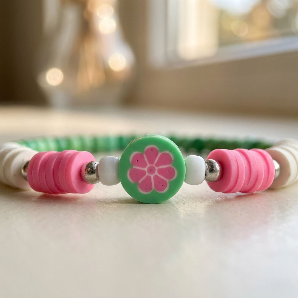 Watermelon Color Clay Bead Bracelet, Pink Green Flower Heishi Bead Jewelry, Preppy Summer Fruit Bracelet Stack