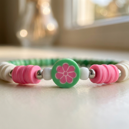 Watermelon Color Clay Bead Bracelet, Pink Green Flower Heishi Bead Jewelry, Preppy Summer Fruit Bracelet Stack