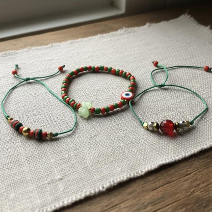 Evil Eye Butterfly Bracelet Set, Red Green Seed Bead Bracelet, Protection Jewelry, Adjustable Friendship Bracelet, Boho Gift for Her