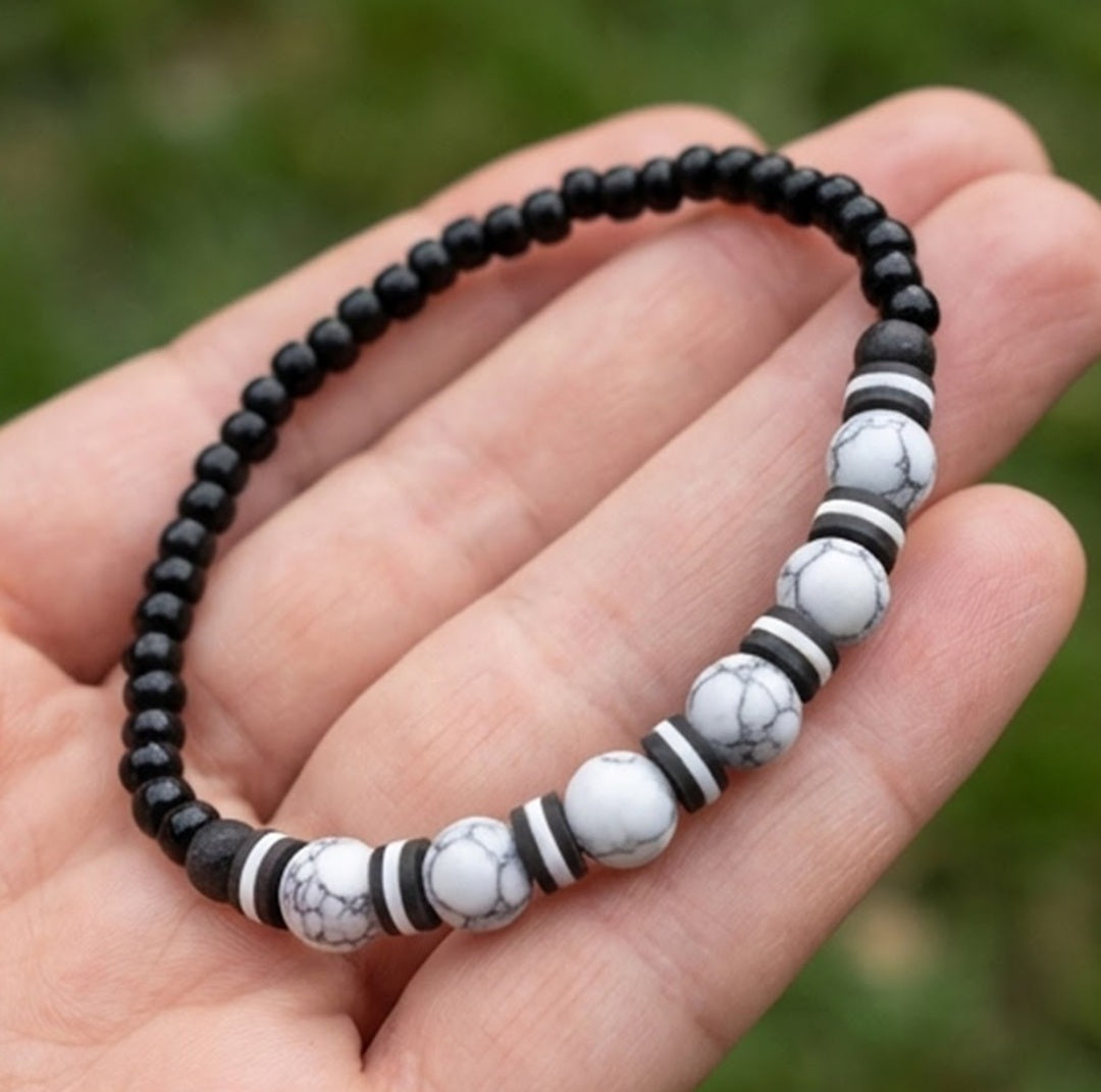 Handmade Beaded White Howlite-style & Black Onyx-style Stretch Bracelet, Boho Jewelry