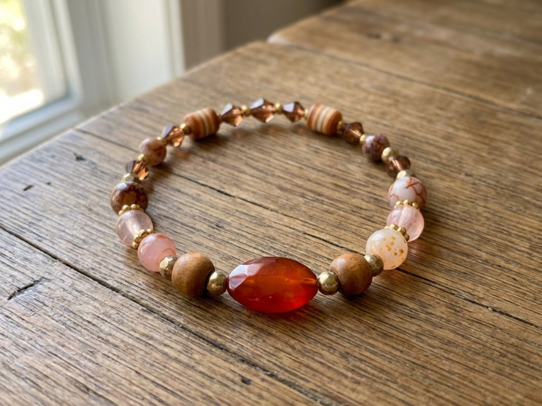 Handmade Beaded Bracelet with Warm Brown, Pink & Red Tones and Red Gemstone-Style Centerpiece – Earthy Autumn Jewelry