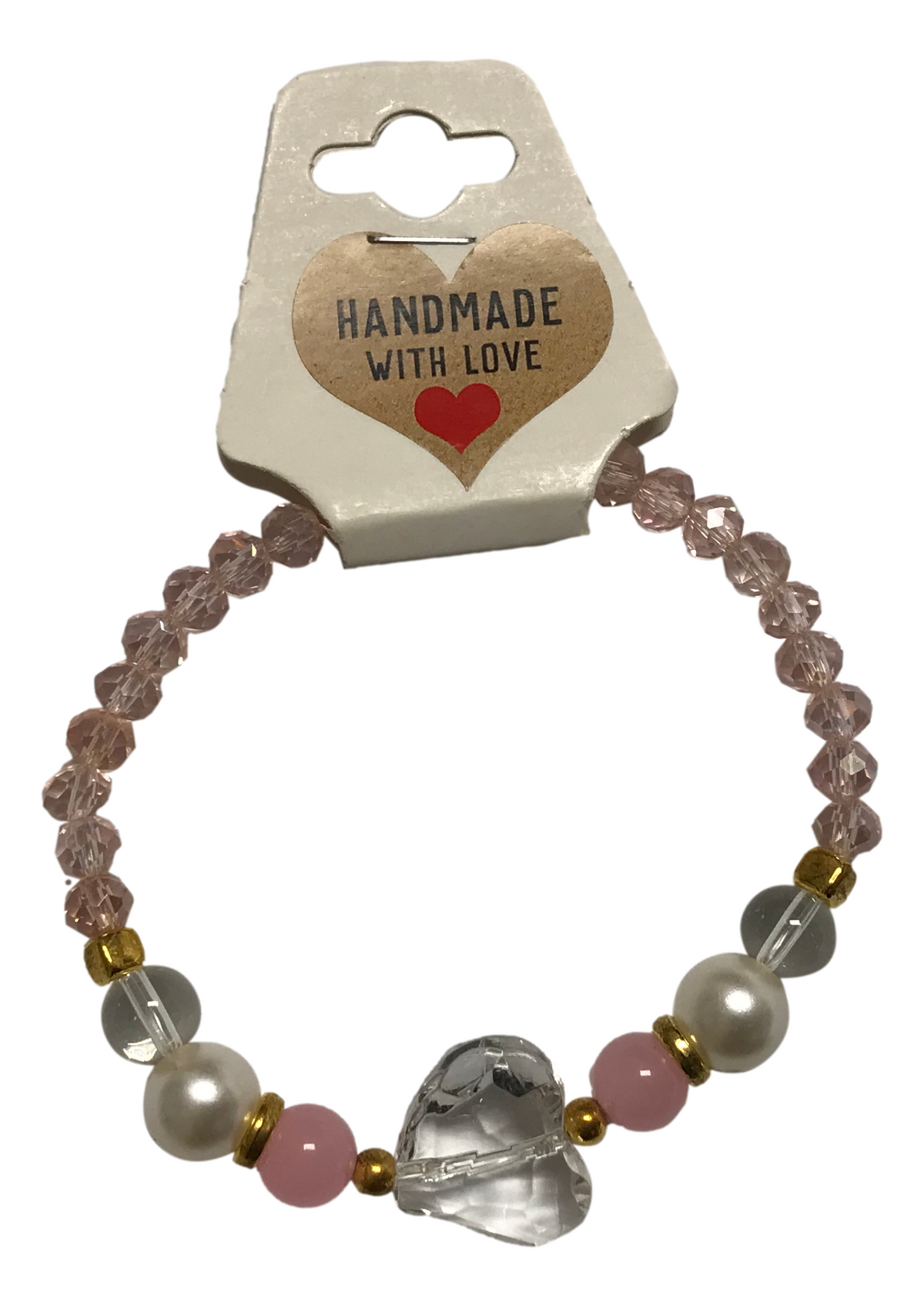 Handmade Beaded Bracelet – Pink Glass, Pearl-Style, Moonstone-Like & Gold Spacer Beads with Clear Heart Charm