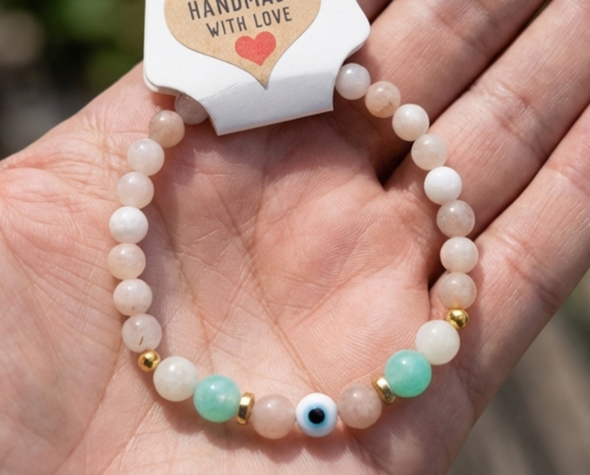 Handmade Gemstone Beaded Evil Eye Bracelet Charm Crystal Rose Quartz and Amazonite Moonstone Jewelry Boho Style Minimalist