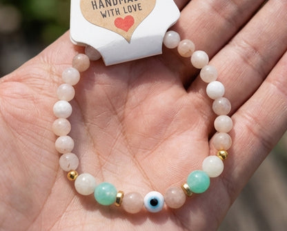Handmade Gemstone Beaded Evil Eye Bracelet Charm Crystal Rose Quartz and Amazonite Moonstone Jewelry Boho Style Minimalist