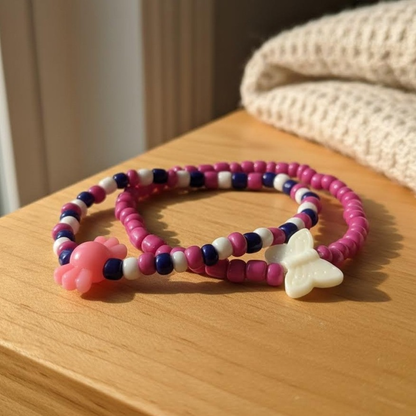 Candy Butterfly Charm Bracelet Set, Pink Purple Kawaii Beaded Bracelet, Symbol of Joy & Transformation Gift for Her