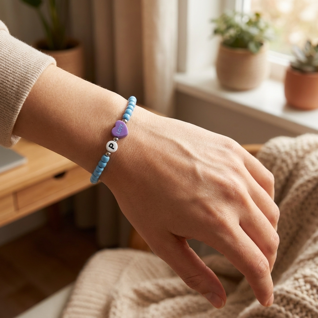 Blue Seed Bead Bracelet with Heart Charm and Initial Letter — Handmade Stretch Bracelet, Cute Stackable Jewelry Personalized Gift