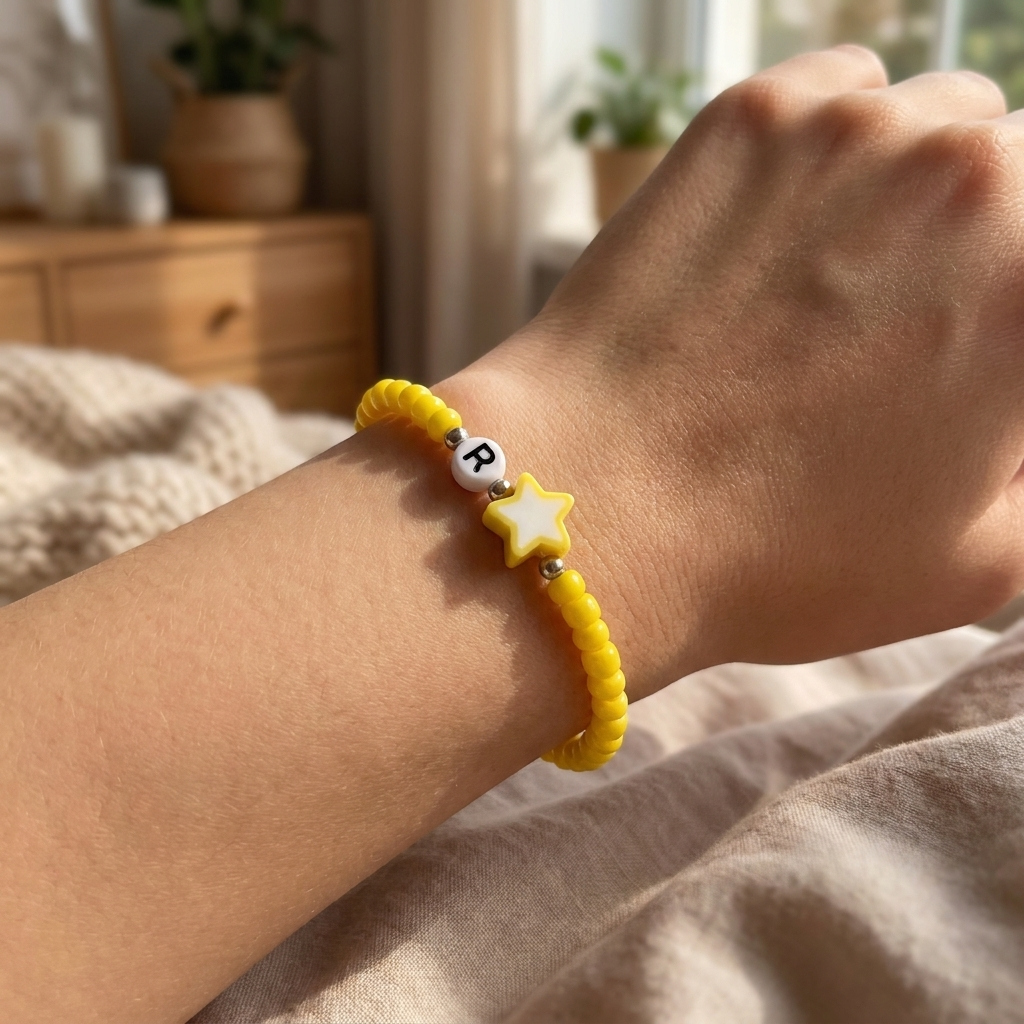 Yellow Seed Beaded Bracelet with Star Charm and Initial Letter Bead — Handmade Cute Stackable Stretch Jewelry, Minimalist Summer Gift