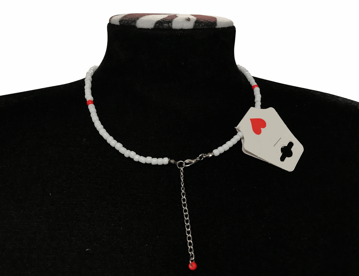 Ladybug Charm Beaded Necklace, White Seed Bead Choker Jewelry, Metal-Plated Clasp w/ Extension Chain