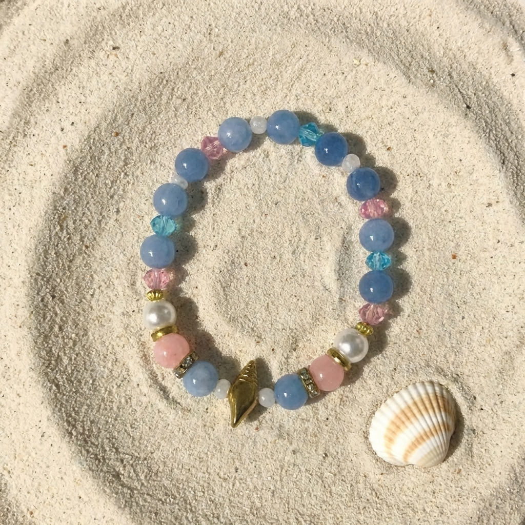 Pastel Ocean Beaded Bracelet, Gold Seashell Charm, Beach Jewelry