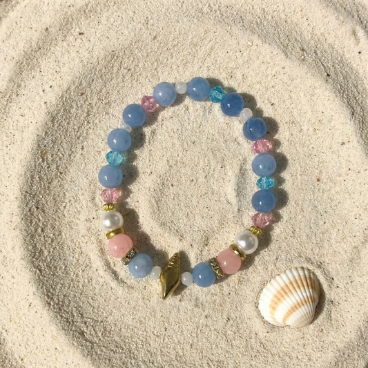 Pastel Ocean Beaded Bracelet, Gold Seashell Charm, Beach Jewelry