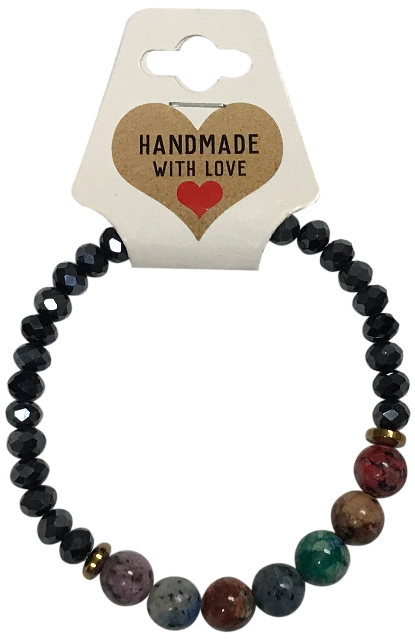 Black beaded bracelet with multicolor stones on a 'Handmade with Love' card