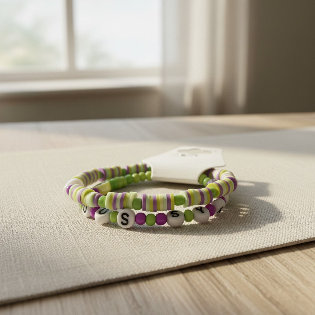 Handmade Green Purple Beaded Bracelet Set, Striped & Letter Design, Playful Boho Jewelry