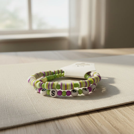 Handmade Green Purple Beaded Bracelet Set, Striped & Letter Design, Playful Boho Jewelry