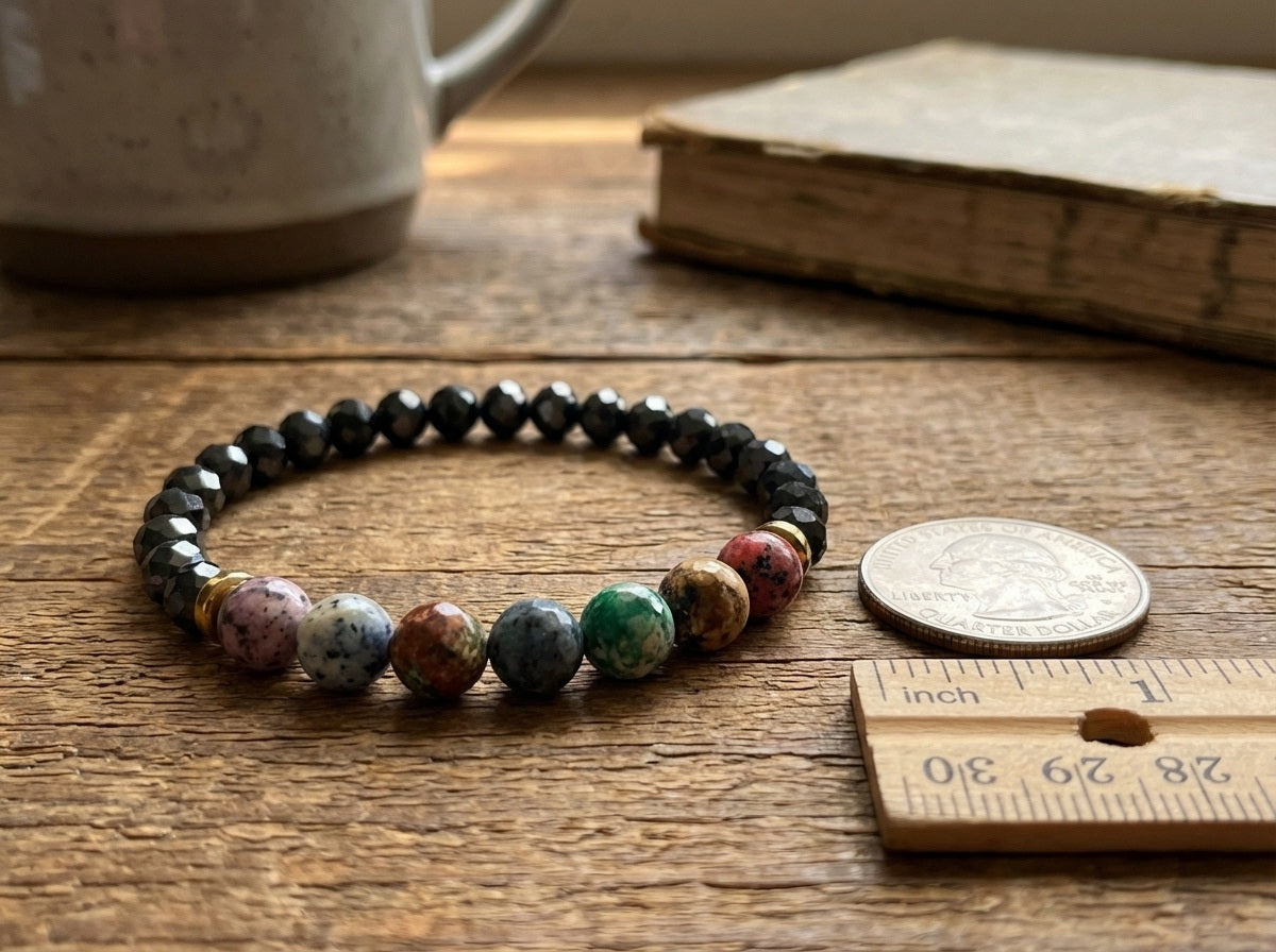 Multicolored beaded bracelet on a wooden surface with a coin and ruler for size reference.