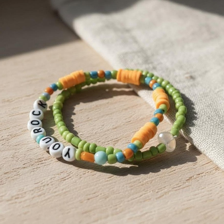 Green and Orange You Rock Letter Beads Bracelet Set, Handmade Stackable Jewelry, Personalized Gift For Her