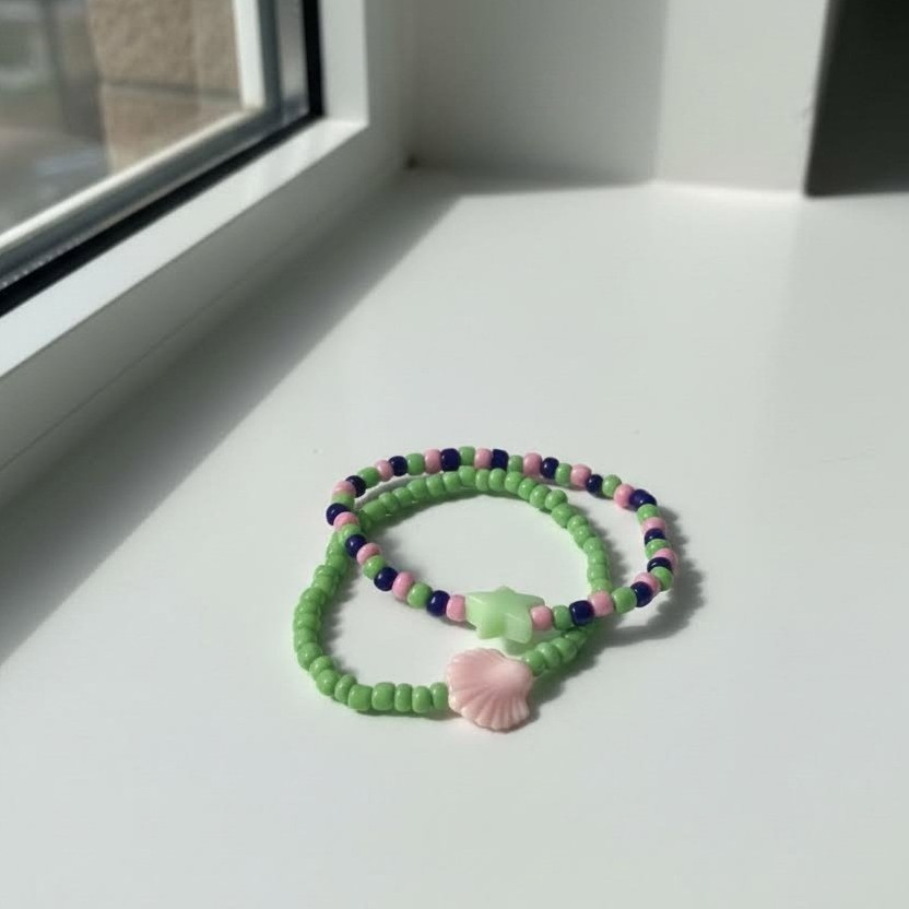 Pastel Mermaid Seed Bead Bracelet Set, Green Pink Shell & Star Charm Jewelry