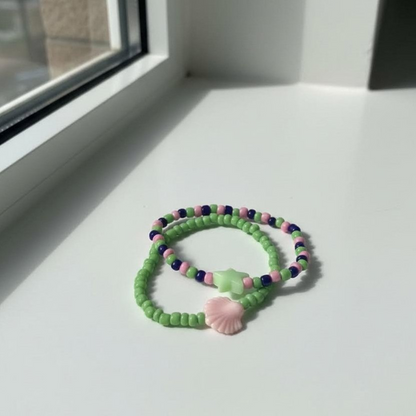 Pastel Mermaid Seed Bead Bracelet Set, Green Pink Shell & Star Charm Jewelry