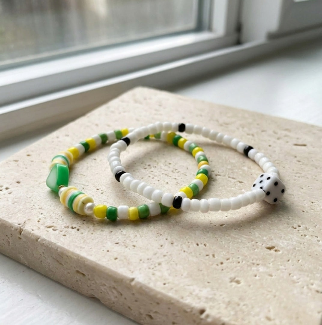Handmade Green & White Beaded Bracelet Set (2 pcs) – Dice Charm, Striped Beads & Fun Star Accents, Playful Jewelry Gift for Kids/Teens