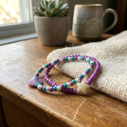 Beaded Bracelet Set, Purple Teal & White Stretch Bracelet with Star & Shell Charms - Friendship & Confidence Symbol Jewelry
