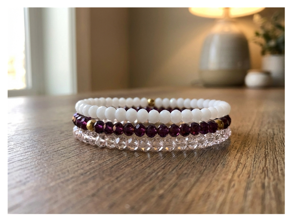 Handmade with Love Plum and Crystal-style Beaded Bracelet Set