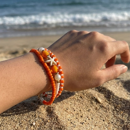 Handmade Orange White Beaded Bracelet Set, Starfish Charm, Boho Ocean Jewelry