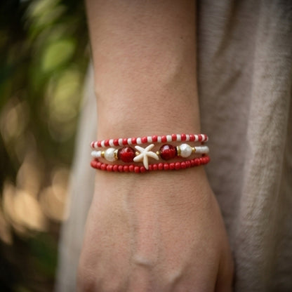 Handmade Red White Gold Beaded Bracelet Set, Starfish Charm, Boho Ocean Jewelry