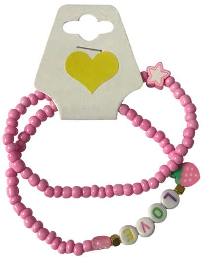 Pink Beaded Love Bracelet Set with Strawberry Charm, Cute Handmade Stretch Seed Bead Stackable Jewelry