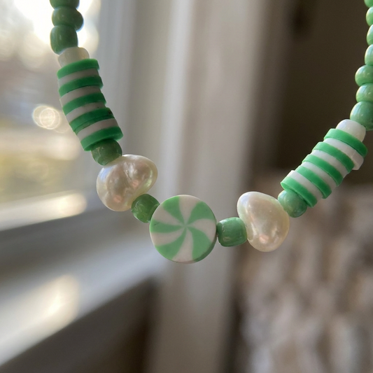 Green Clay Bead Pearl Bracelet, Preppy Peppermint Swirl Candy Jewelry,  Cute Summer Gift for Her