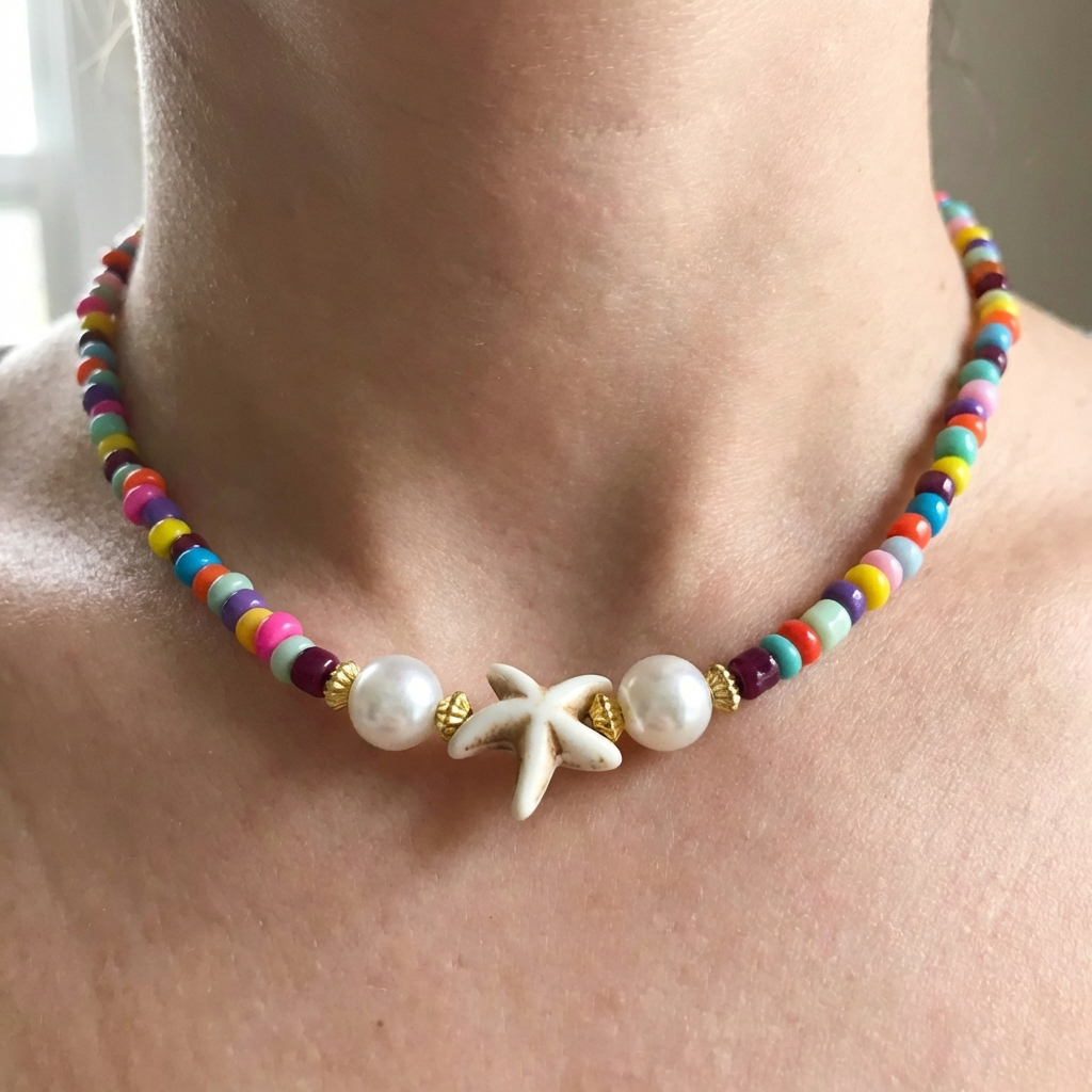 Colorful beaded necklace with a starfish charm worn by a person