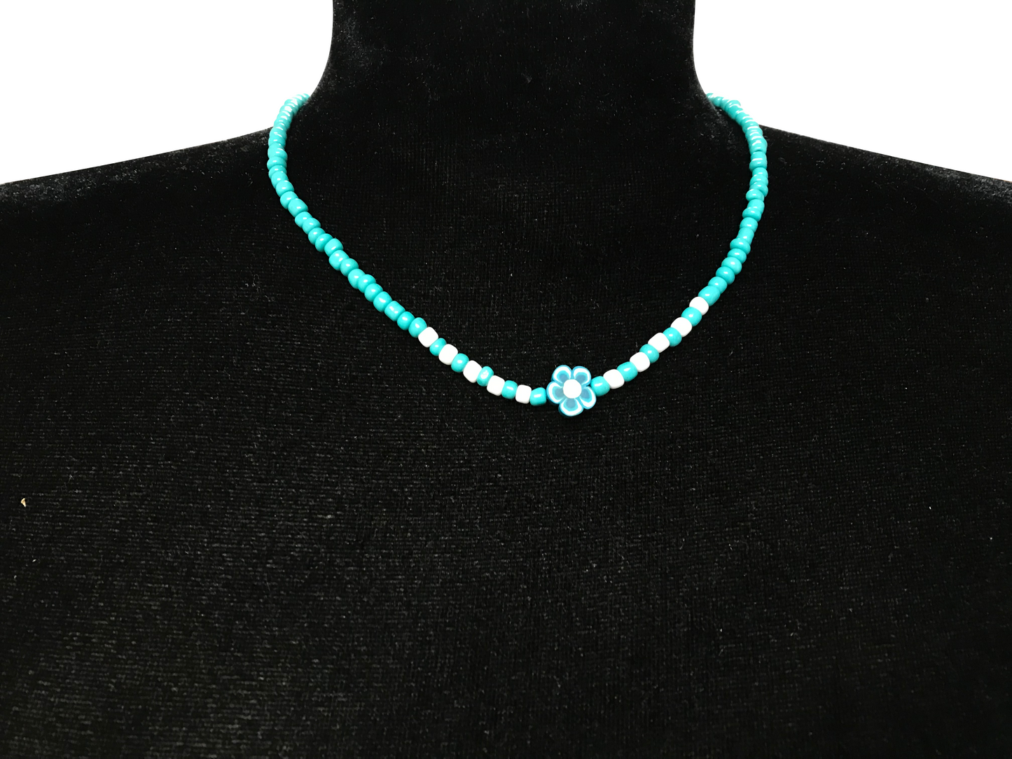 Turquoise Seed Bead Necklace with Flower Charm, Minimalist Floral Jewelry
