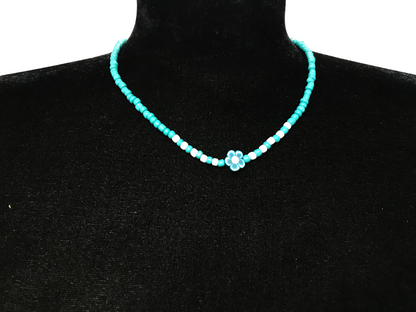 Turquoise Seed Bead Necklace with Flower Charm, Minimalist Floral Jewelry