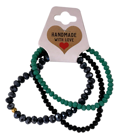 Handmade Black, Dark Grey, Mint Gren Beaded Bracelet, Midnight Ocean Stack