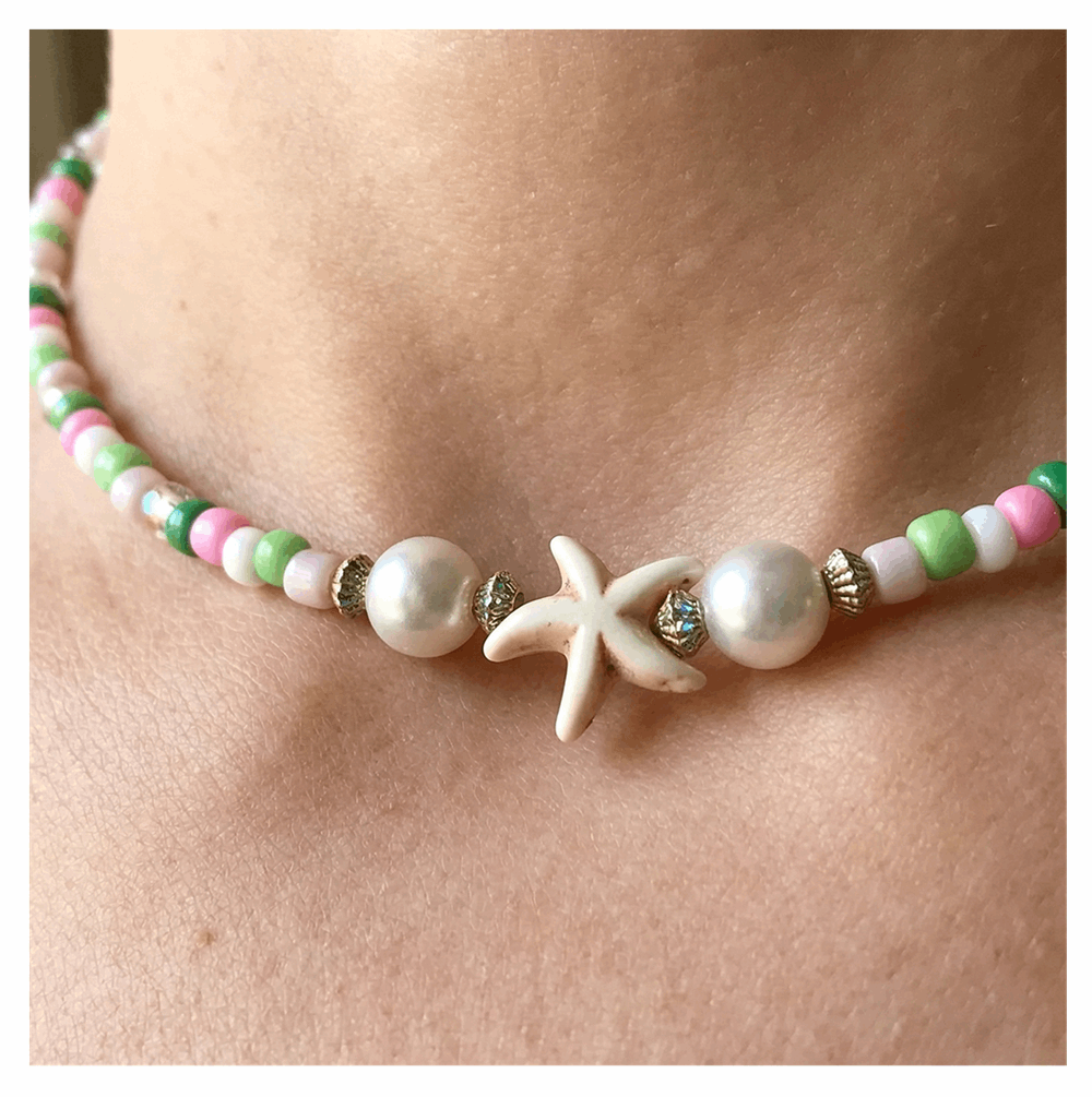 Handcrafted Summer Beach Beaded Necklace, Metal-Plated Clasp w/ Extension Chain