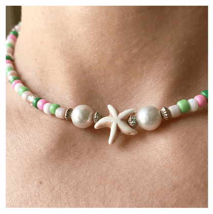 Handcrafted Summer Beach Beaded Necklace, Metal-Plated Clasp w/ Extension Chain