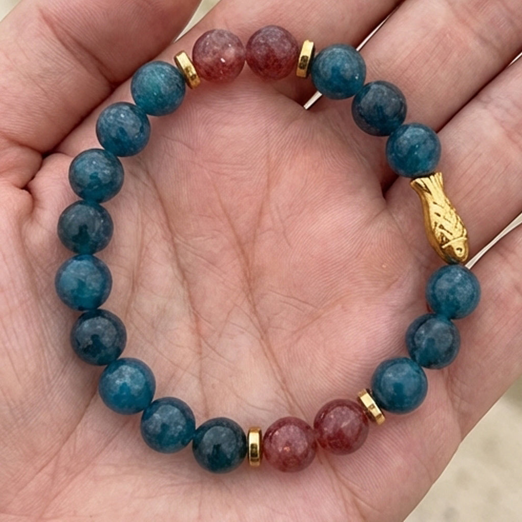 Handmade Teal Jade Beaded Bracelet, Gold Fish Charm, Ocean Boho Jewelry