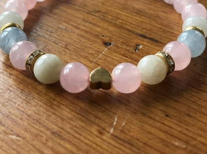 Pastel Beaded Bracelet with Gold Heart Charm, Natural Stone Jewelry