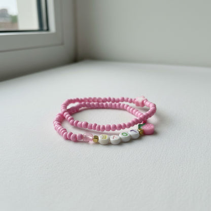 Pink Beaded Love Bracelet Set with Strawberry Charm, Cute Handmade Stretch Seed Bead Stackable Jewelry